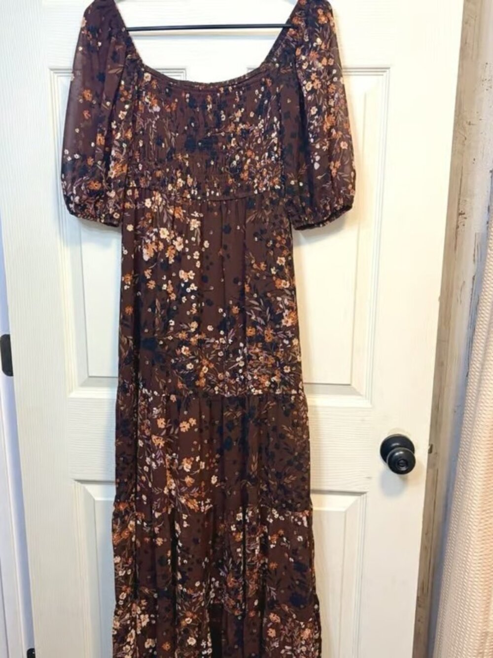 Audrey Parks Francesca's Maxi Dress Floral Smocked Tiered Brown Puff Sleeve S